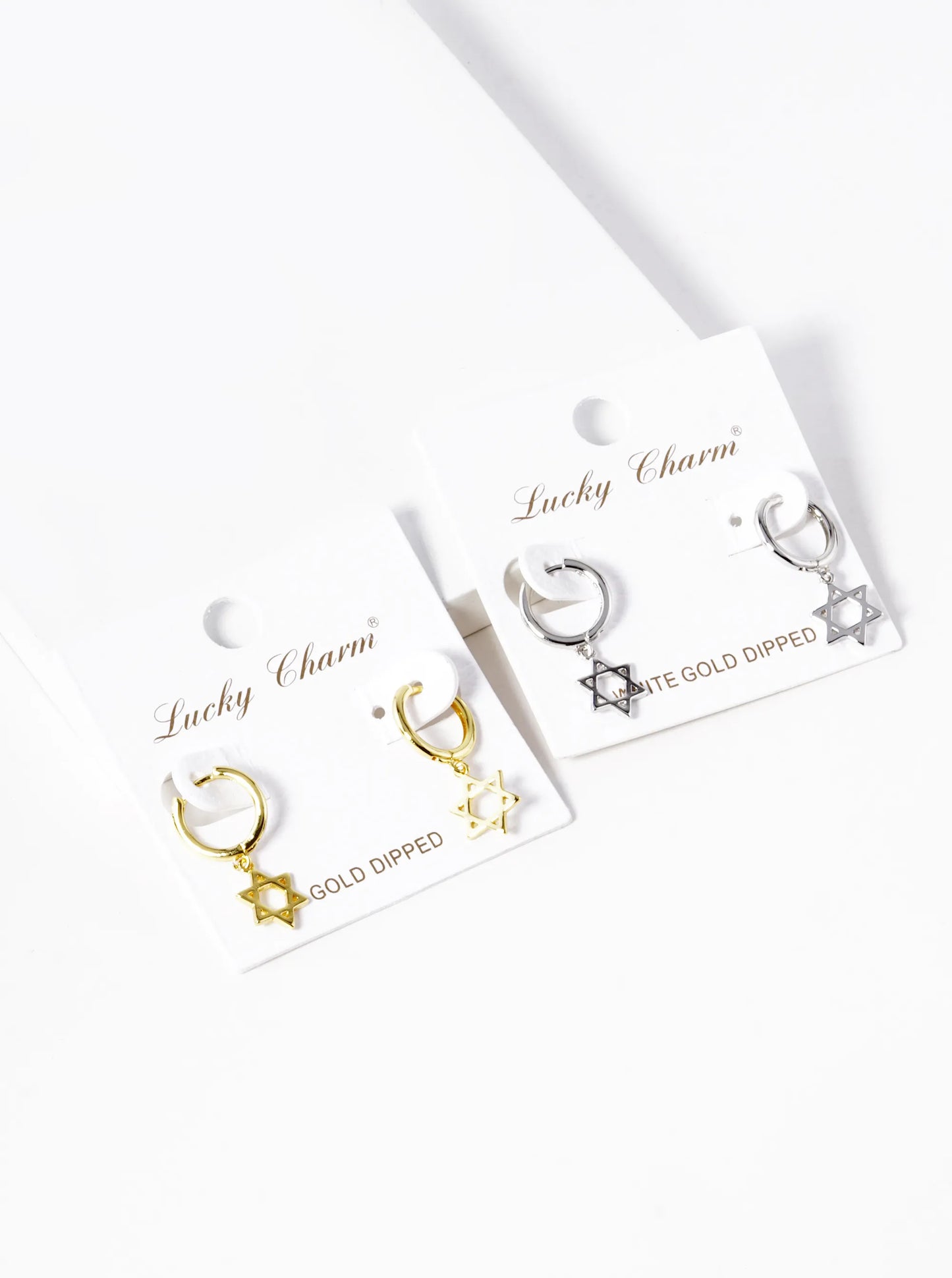 White Gold Dipped Star Of David Drop 10mm Huggie Hoop Earrings