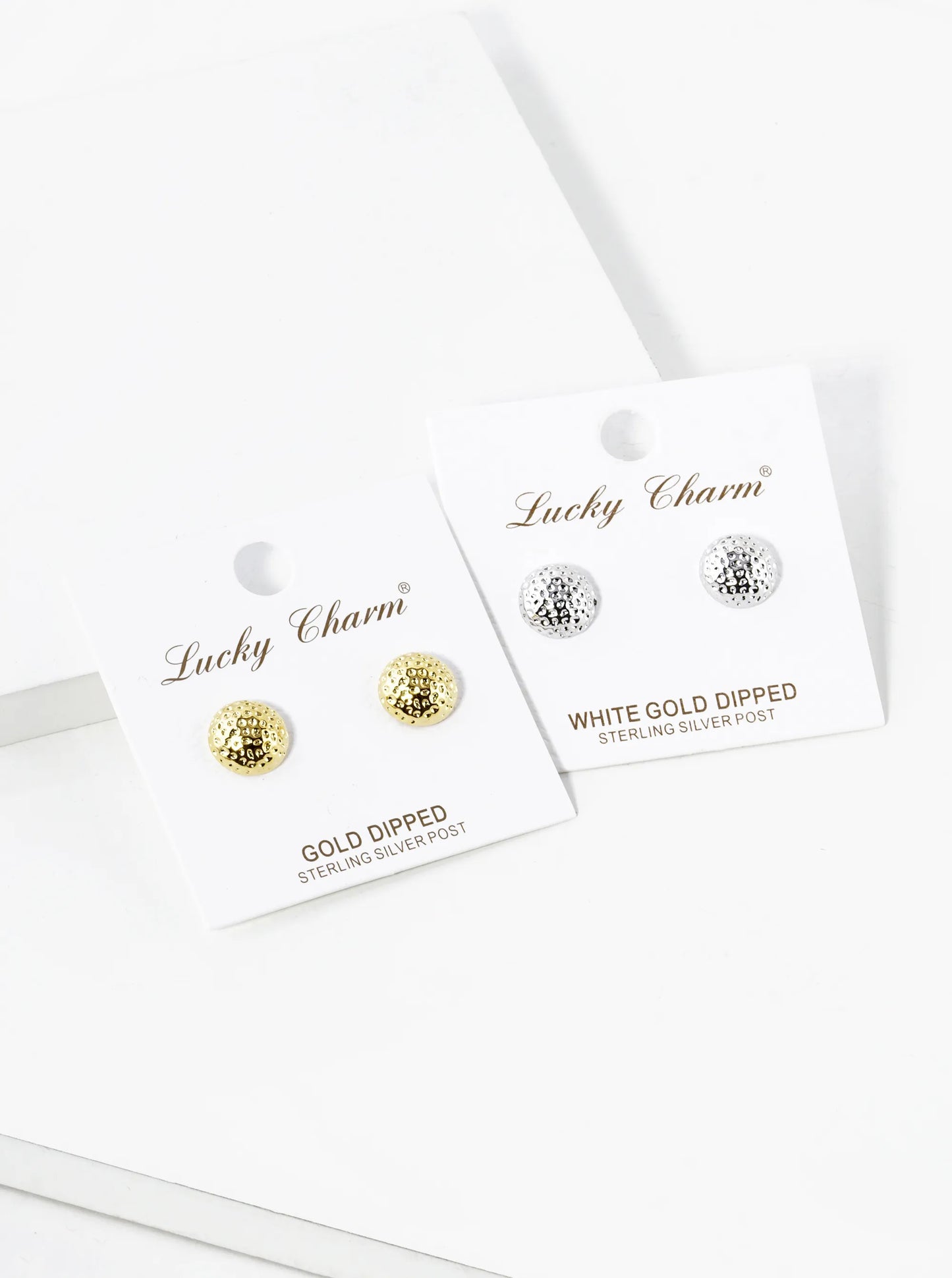 White Gold Dipped Textured 10mm Button Stud Earrings
