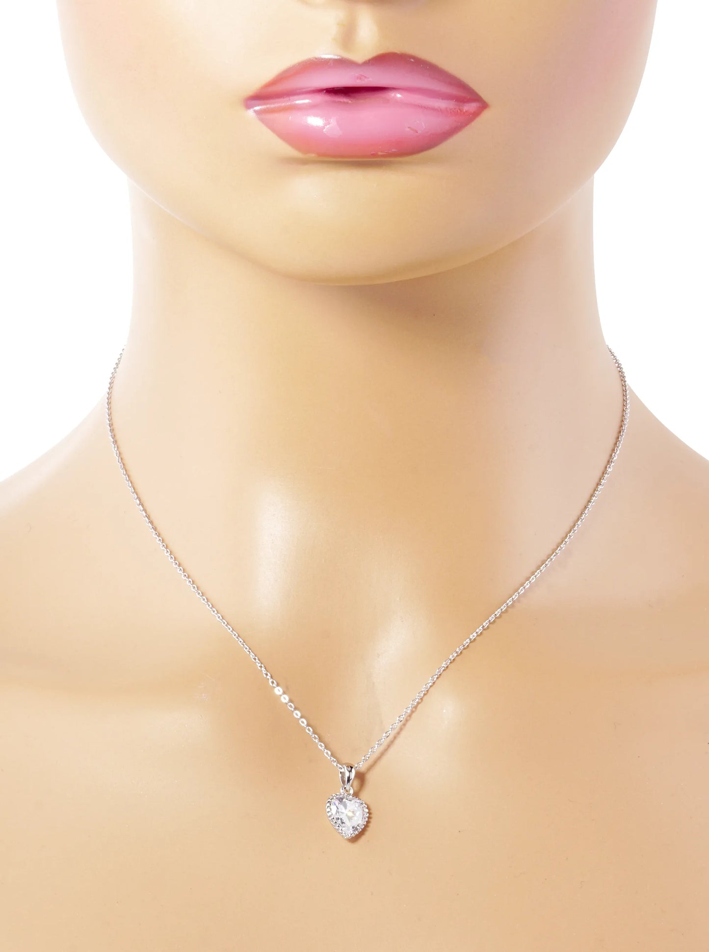 White Gold Dipped Textured 10mm CZ Stone Heart Pendant Necklace