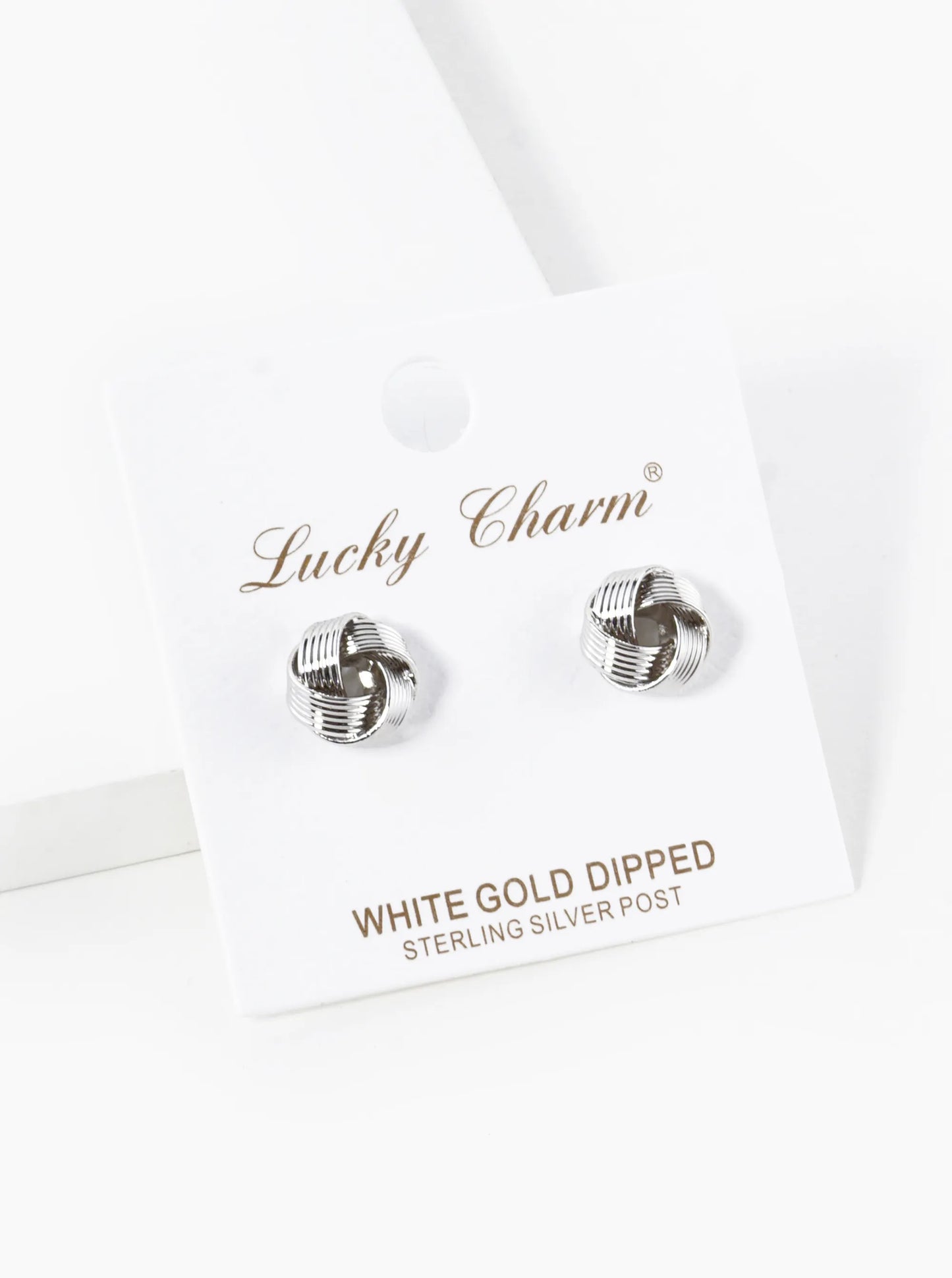 White Gold Dipped Textured 10mm Love Knot Stud Earrings
