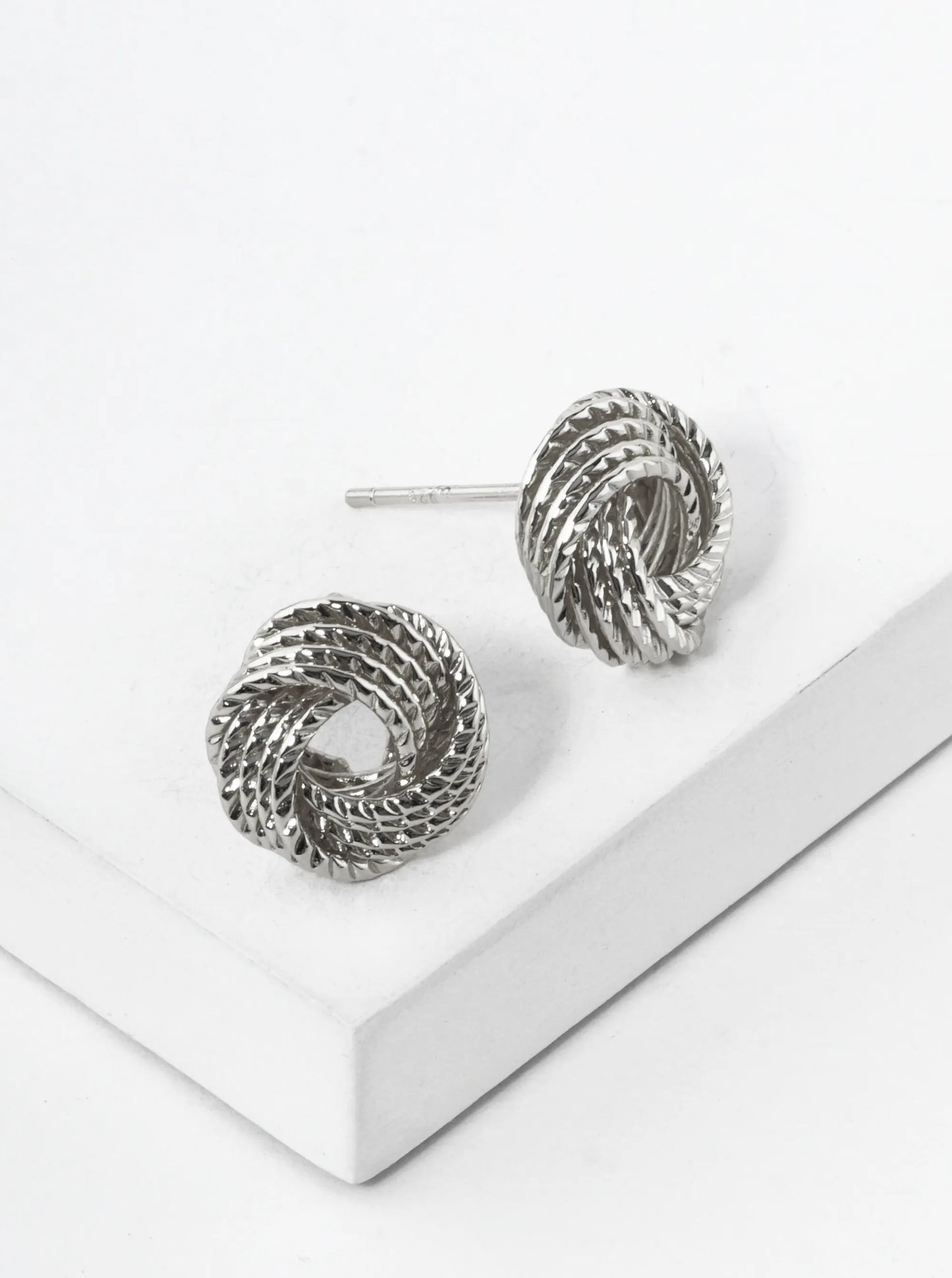 White Gold Dipped Textured 11mm Love Knot Stud Earrings