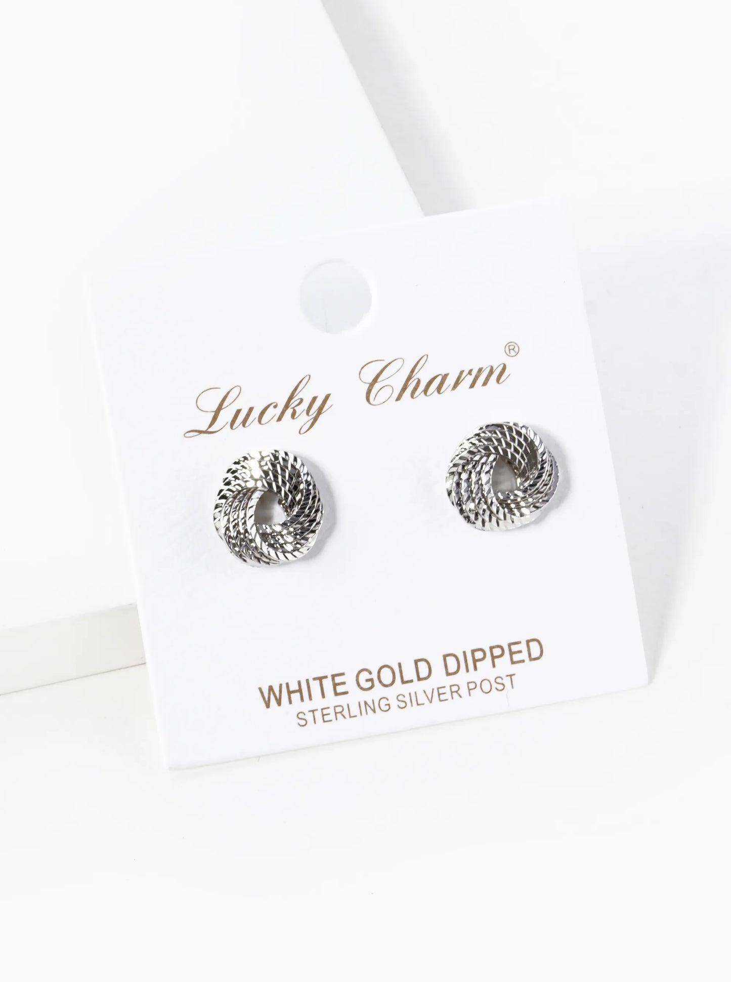 White Gold Dipped Textured 11mm Love Knot Stud Earrings