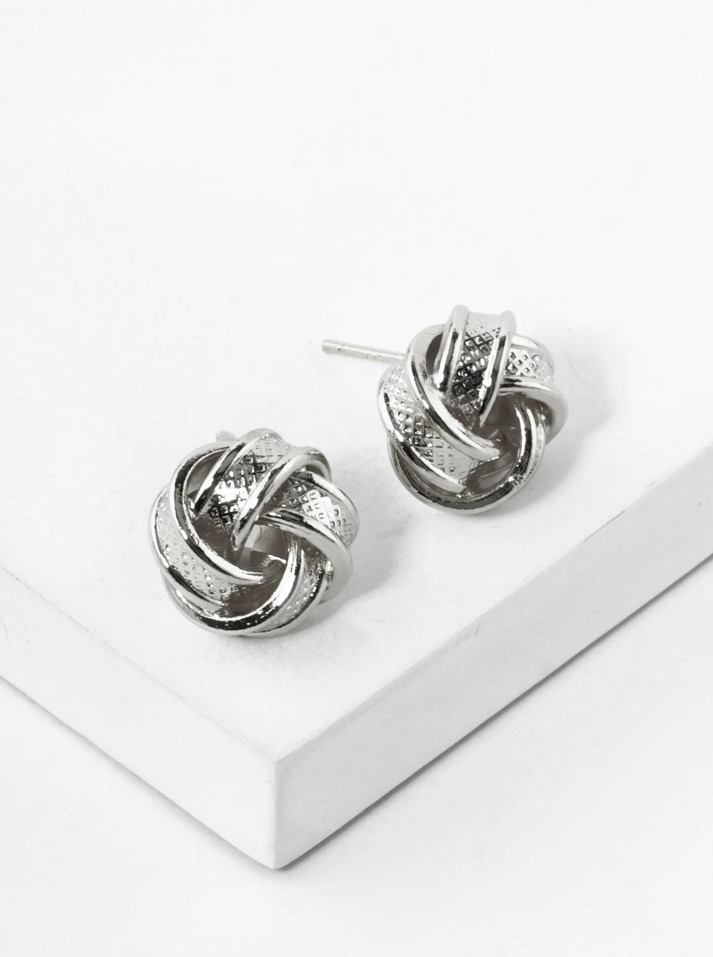 White Gold Dipped Textured 11mm Love Knot Stud Earrings