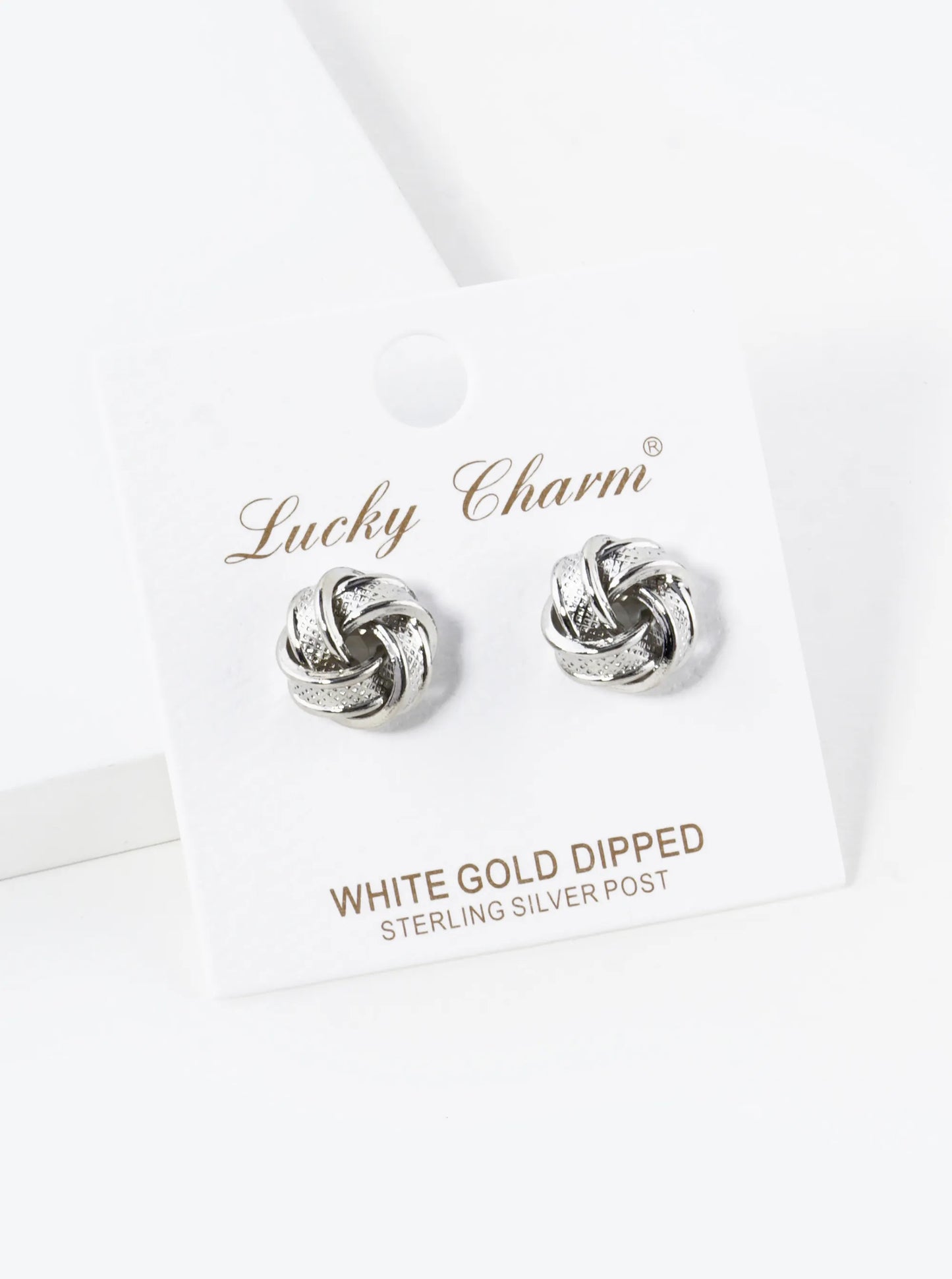 White Gold Dipped Textured 11mm Love Knot Stud Earrings