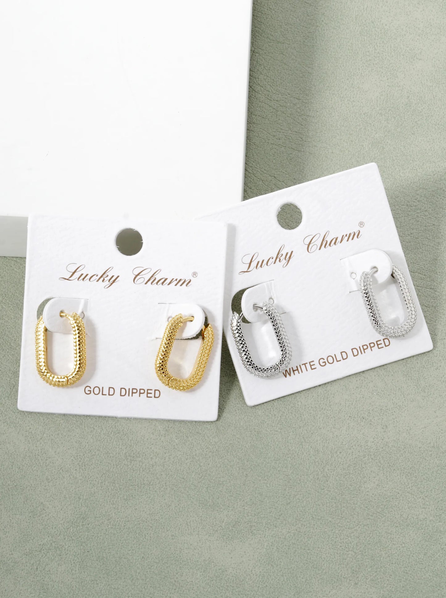 White Gold Dipped Textured 20mm Oval Hoop Earrings