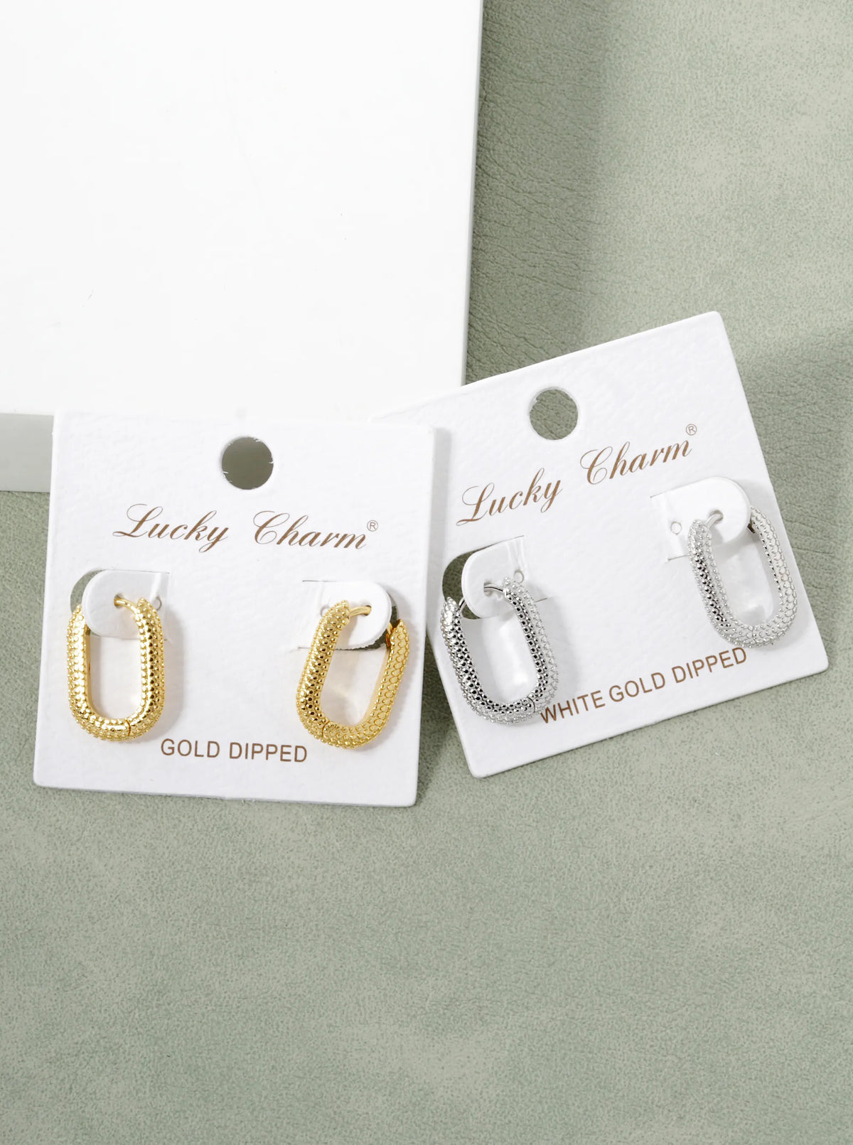 White Gold Dipped Textured 20mm Oval Hoop Earrings