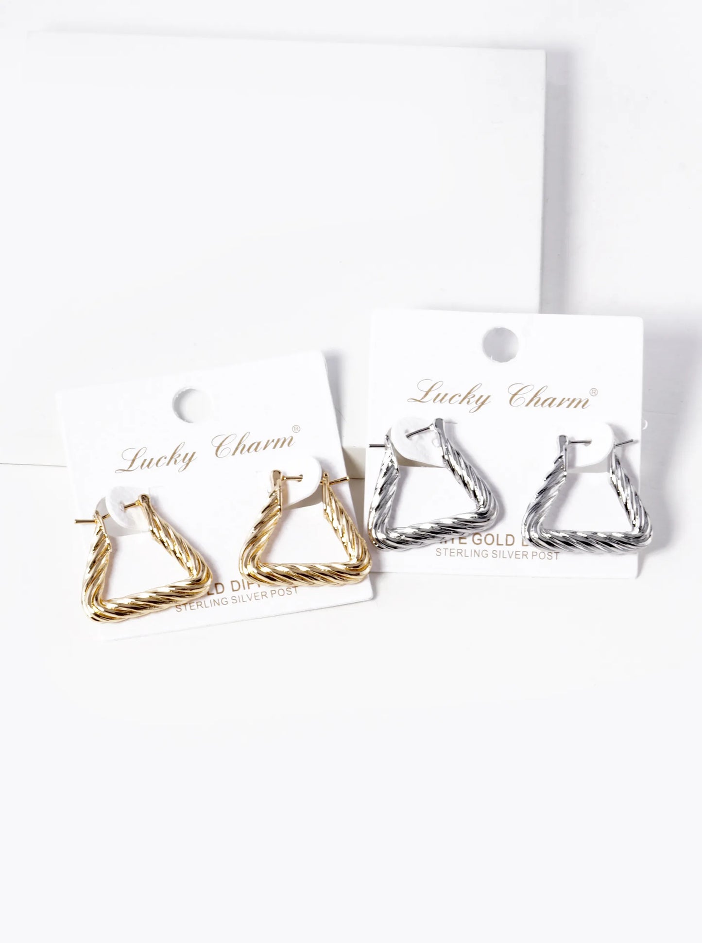 White Gold Dipped Textured 20mm Triangle Brass Hoop Earrings