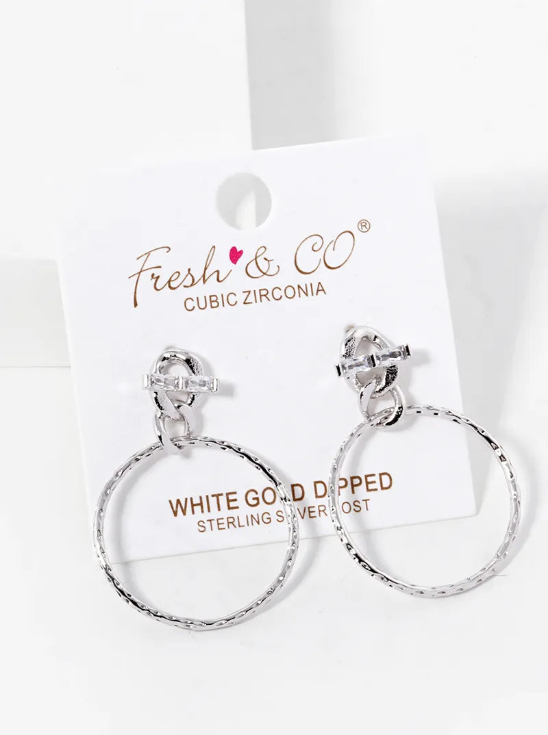 White Gold Dipped Textured Circle Drop Post Earrings