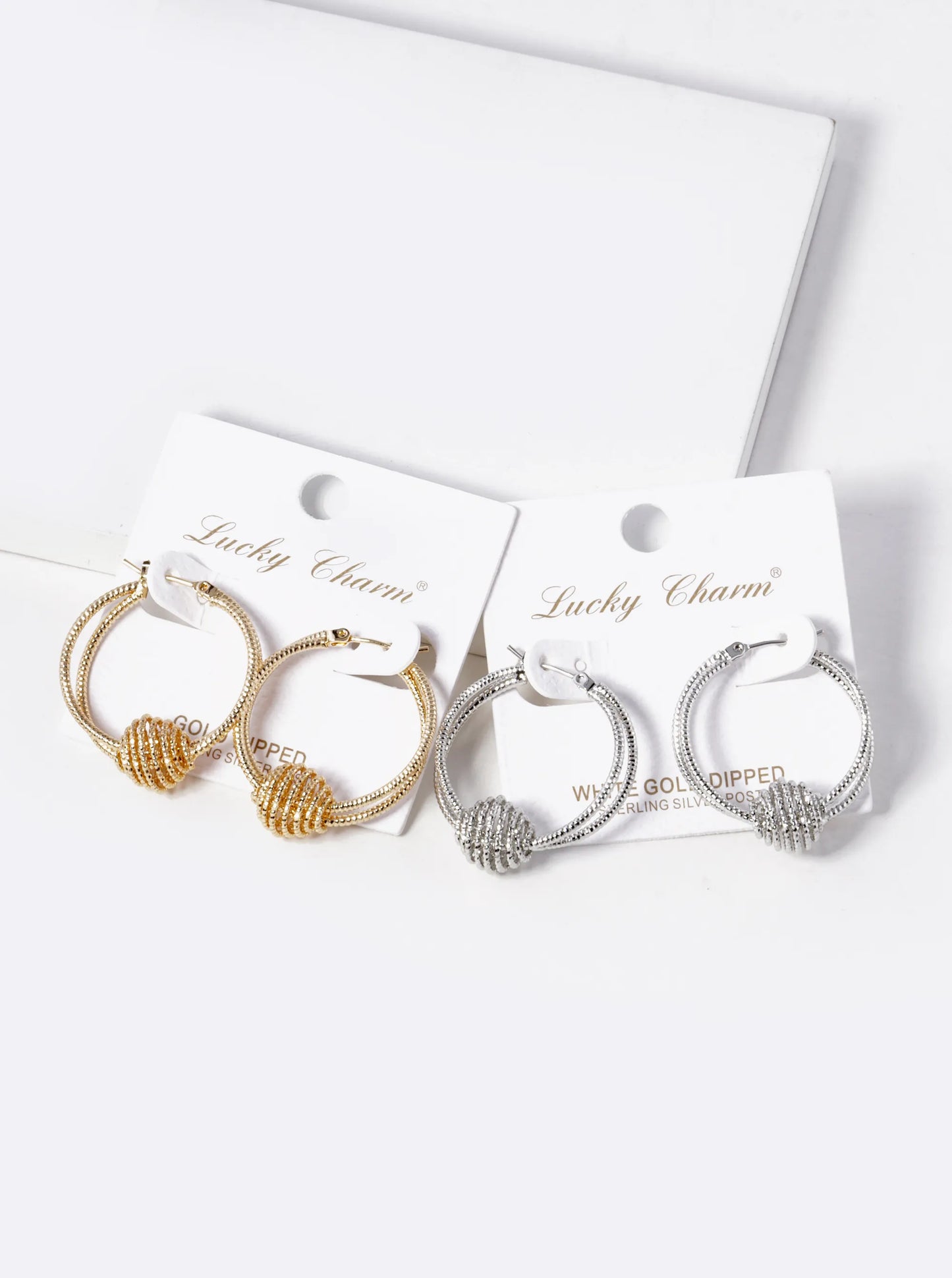 White Gold Dipped Textured Double Hoop Earrings