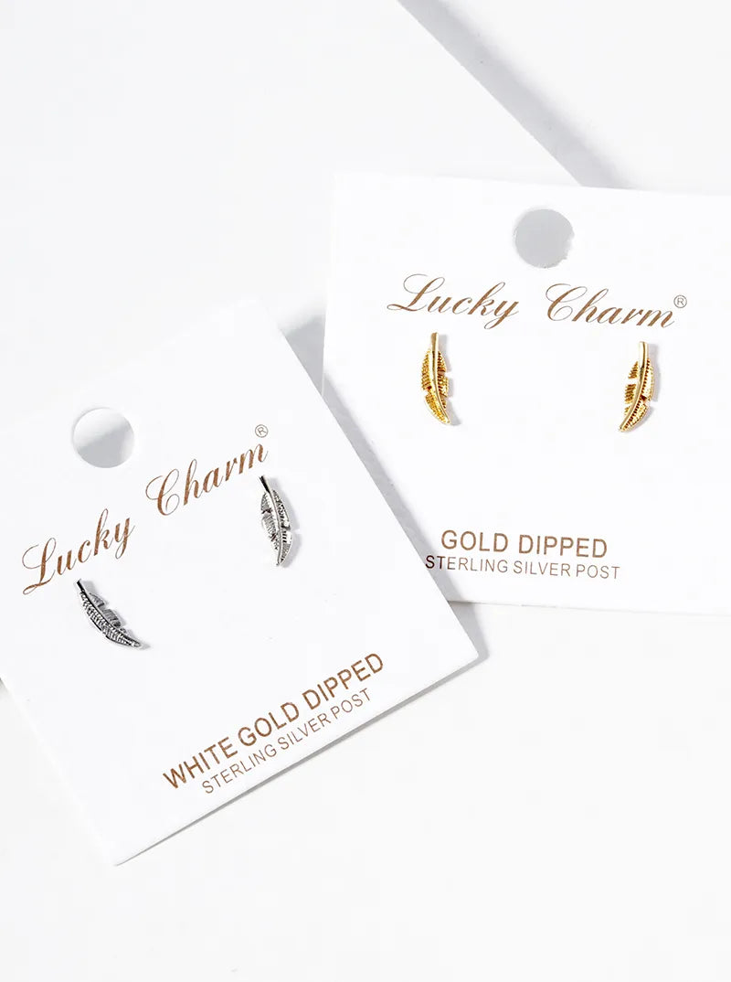 White Gold Dipped Textured Tiny Leaves Post Stud Earrings