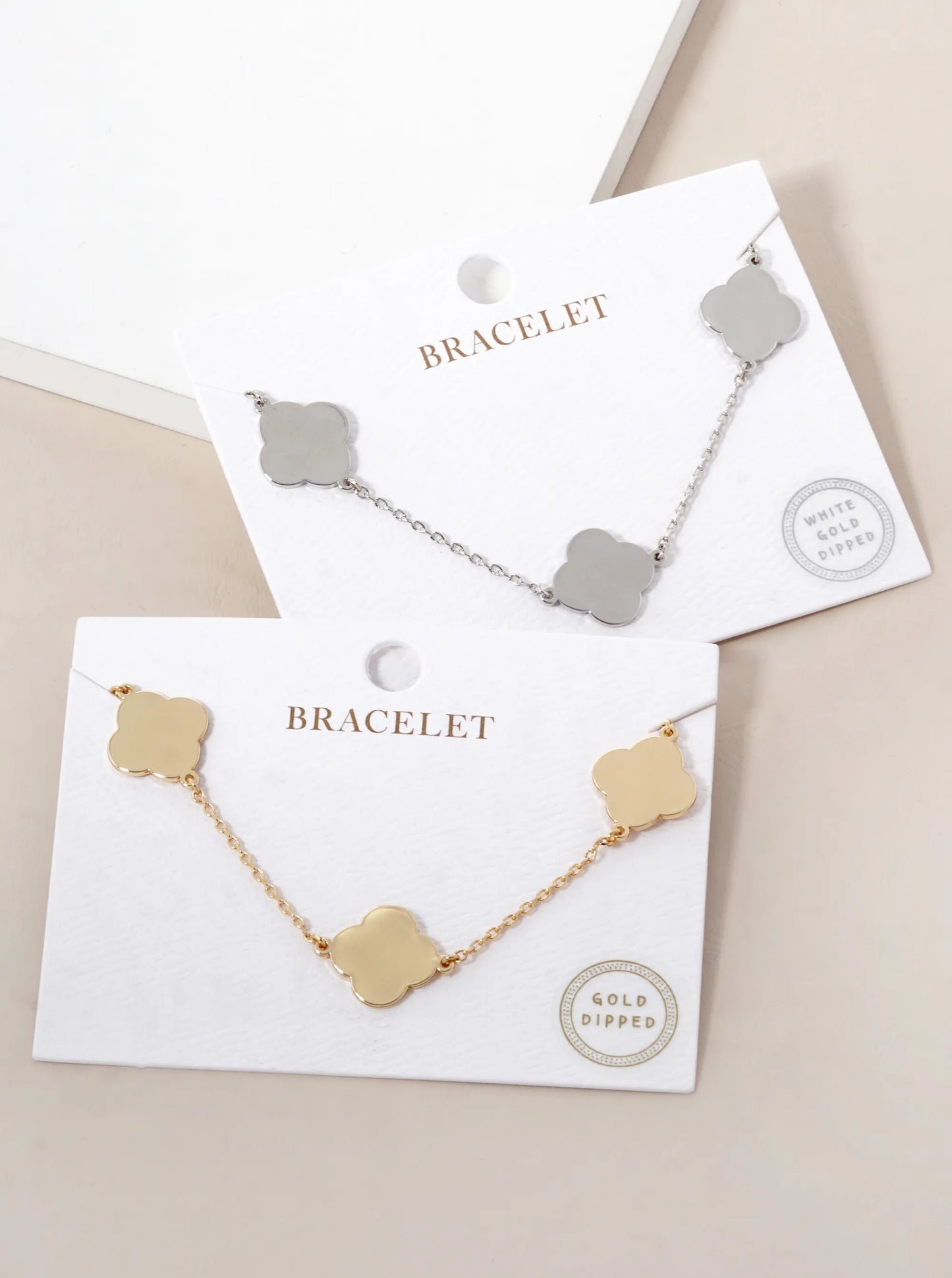 White Gold Dipped Three Brass Quatrefoil Chain Bracelet