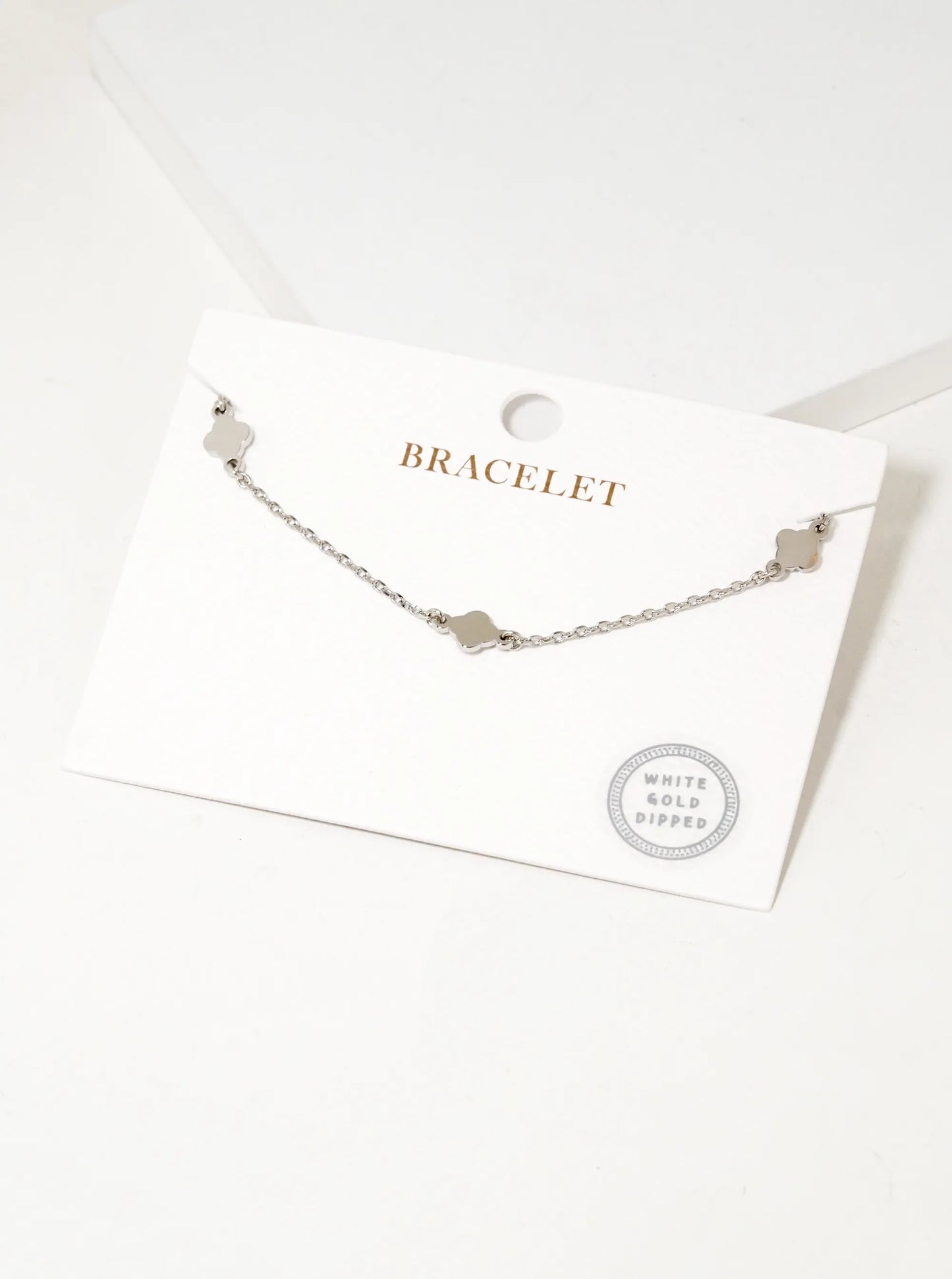 White Gold Dipped Three Dainty Quatrefoil Chain Bracelet