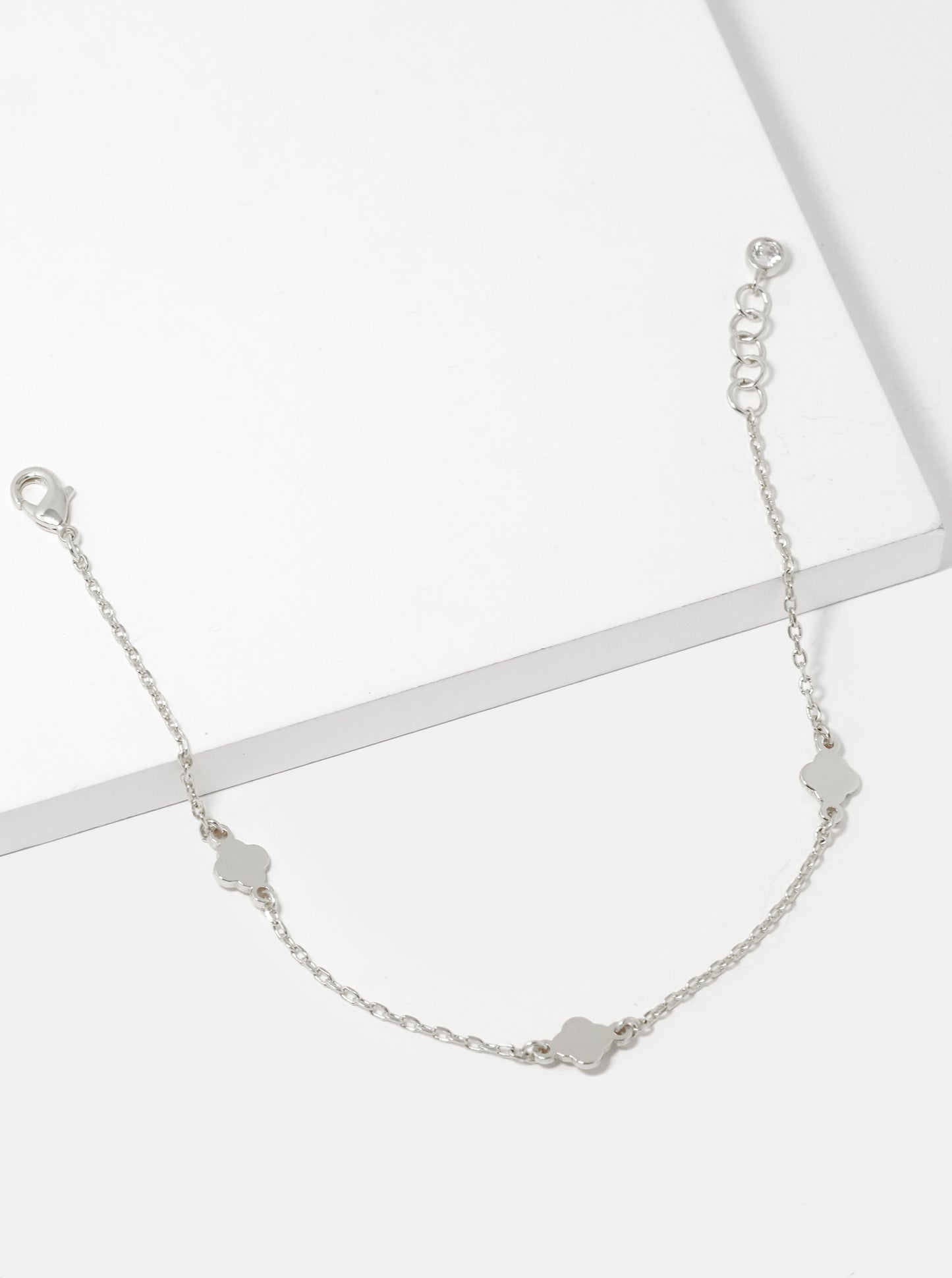 White Gold Dipped Three Dainty Quatrefoil Chain Bracelet