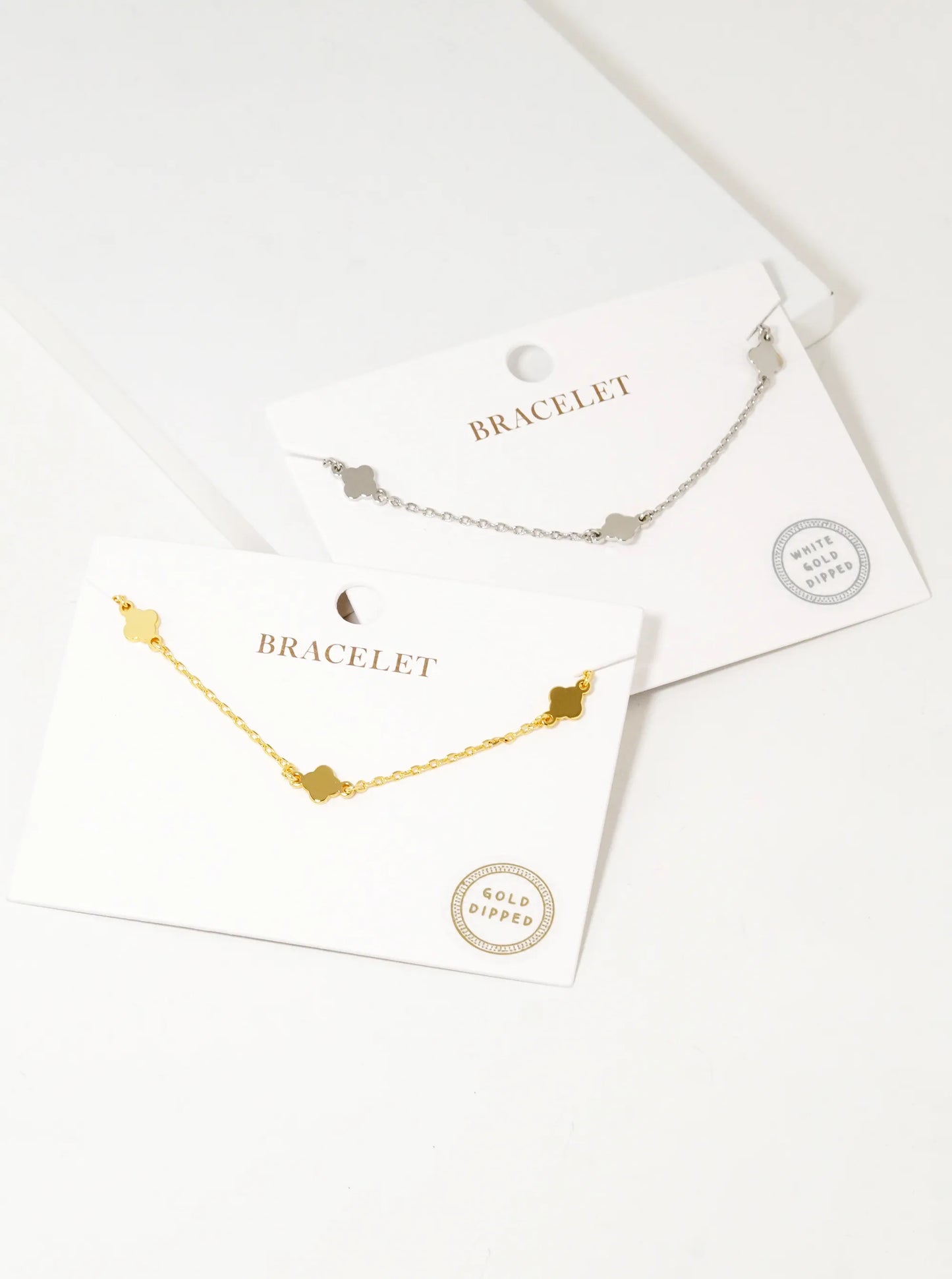 White Gold Dipped Three Dainty Quatrefoil Chain Bracelet