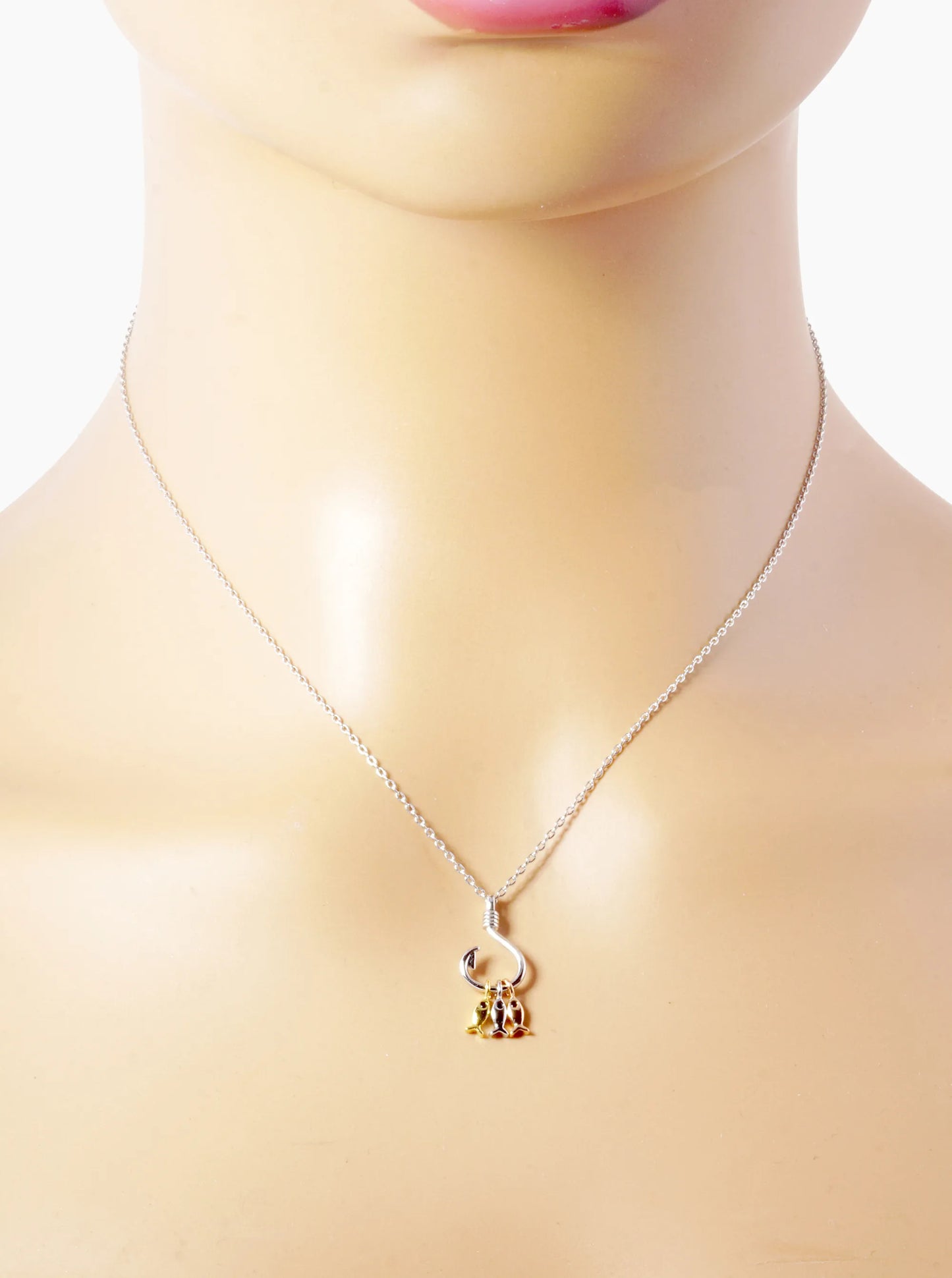 White Gold Dipped Three Fish With A Hook Pendant Necklace