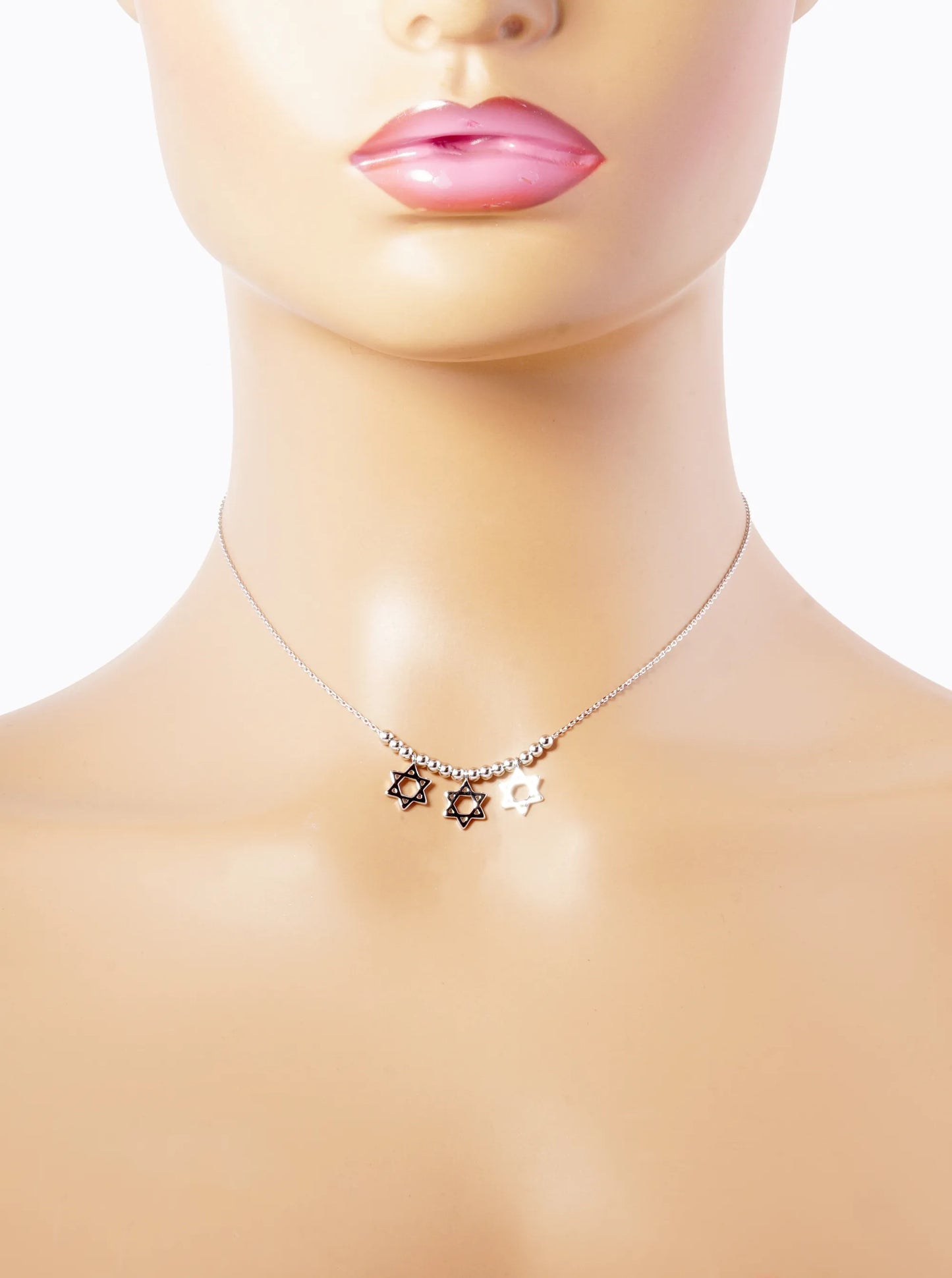 White Gold Dipped Three Star Of David With Metallic Beads Necklace