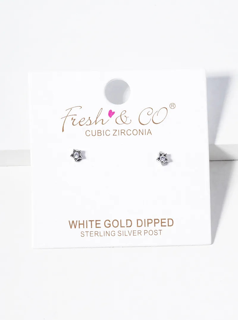 White Gold Dipped Tiny Star With CZ Stone Post Stud Earrings