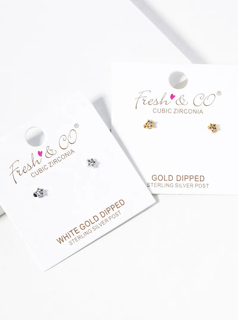White Gold Dipped Tiny Star With CZ Stone Post Stud Earrings