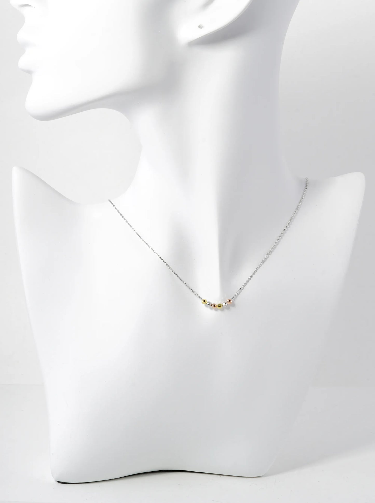 White Gold Dipped Tri Color Textured Beads Pendant Delicate Necklace
