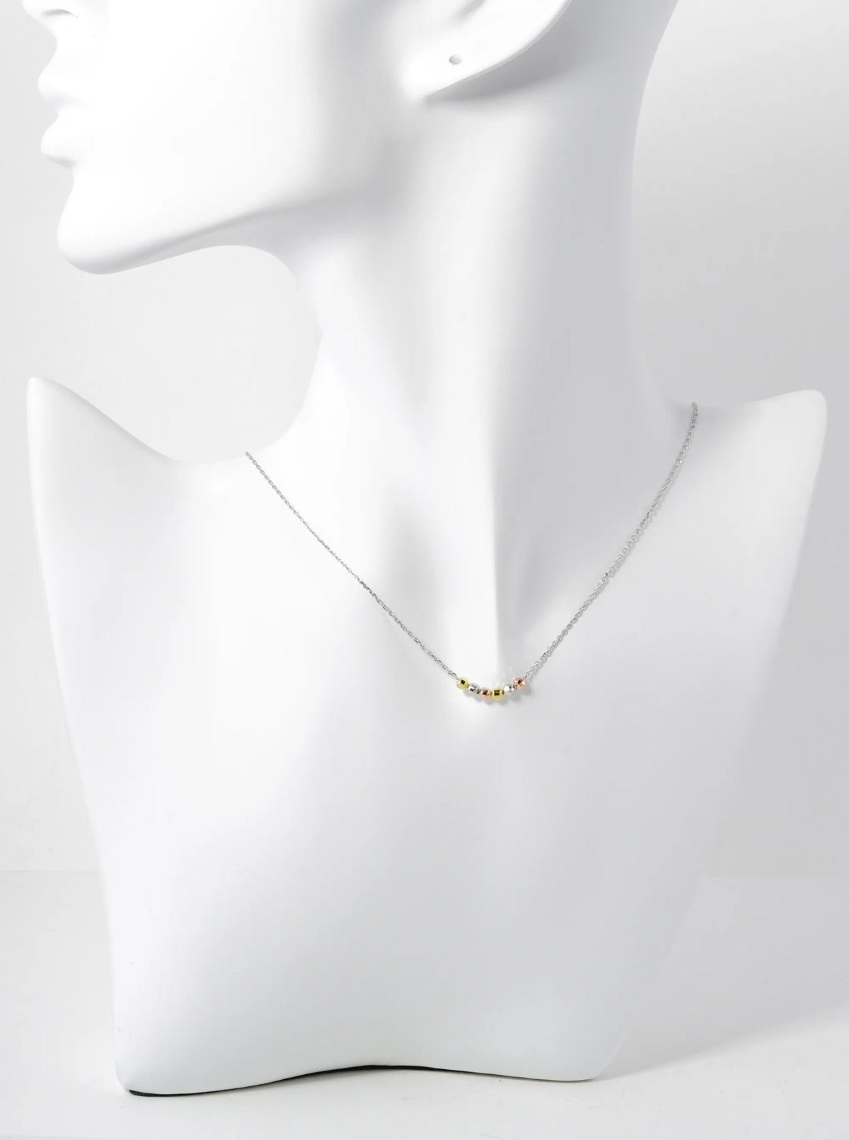 White Gold Dipped Tri Color Textured Beads Pendant Delicate Necklace