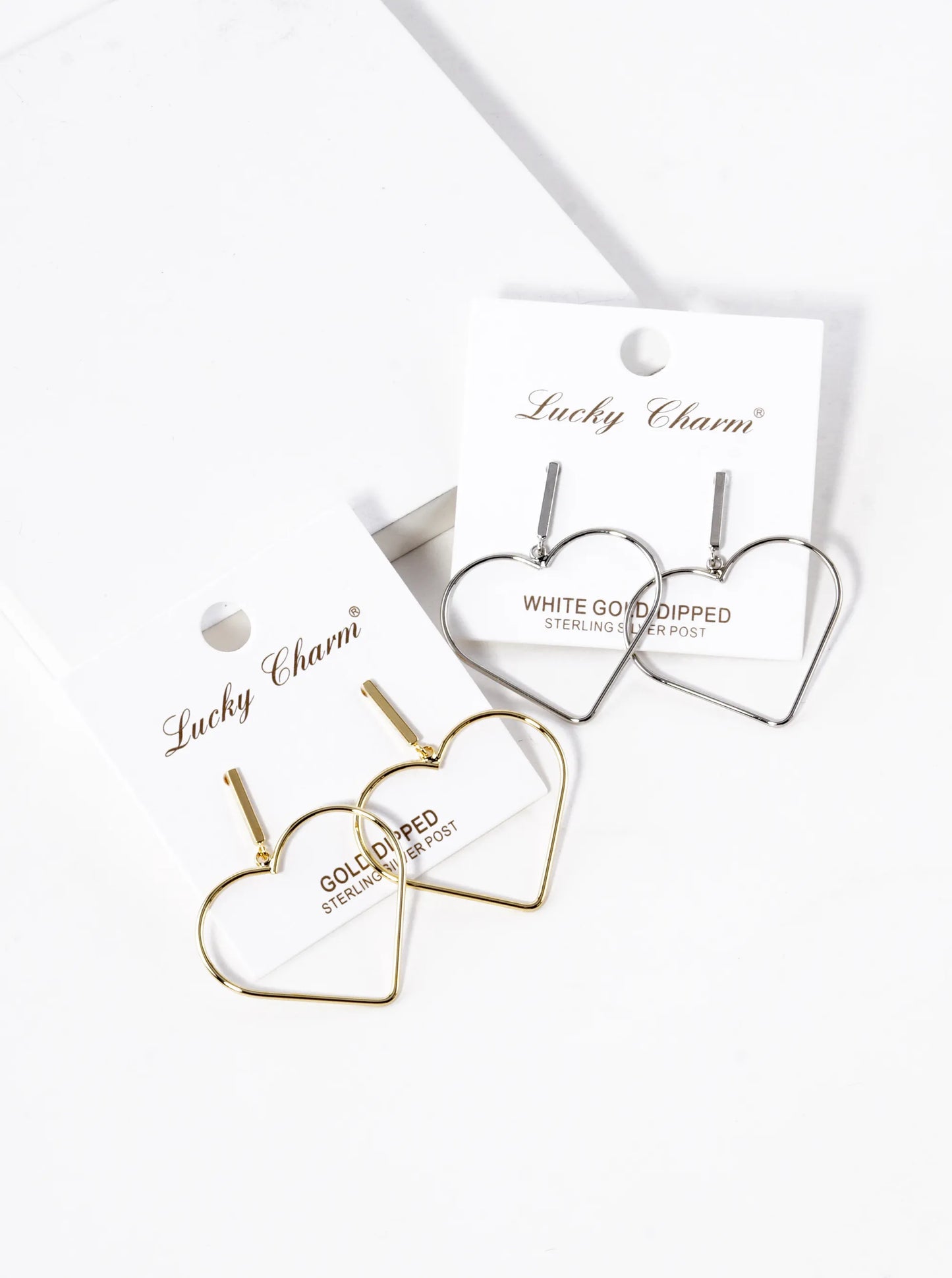 White Gold Dipped Wire Heart Drop Dangle Post Earrings