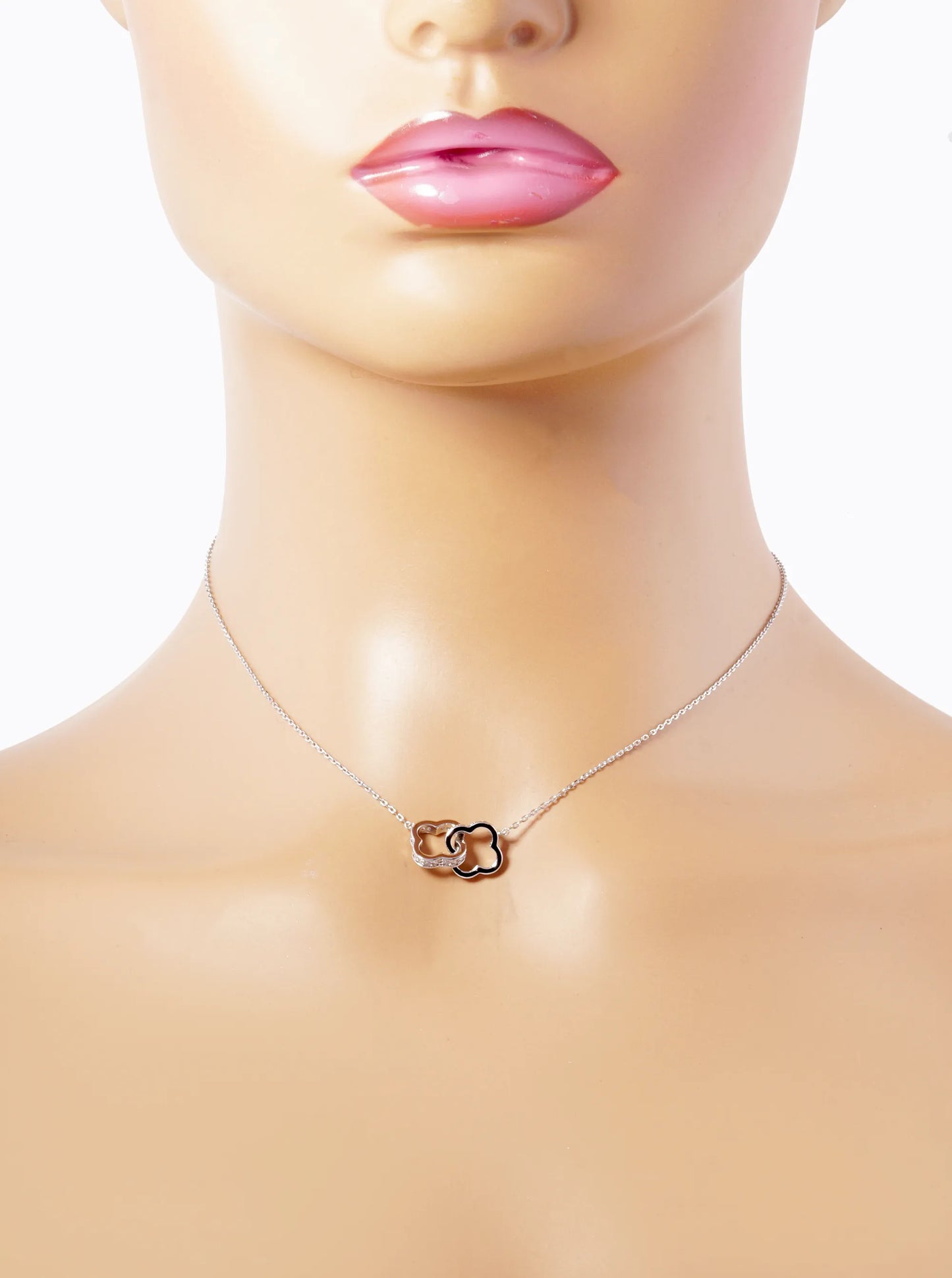 White Gold Dipped You And Me Engraved CZ Pave Interlocking Quatrefoil Pendant Necklace