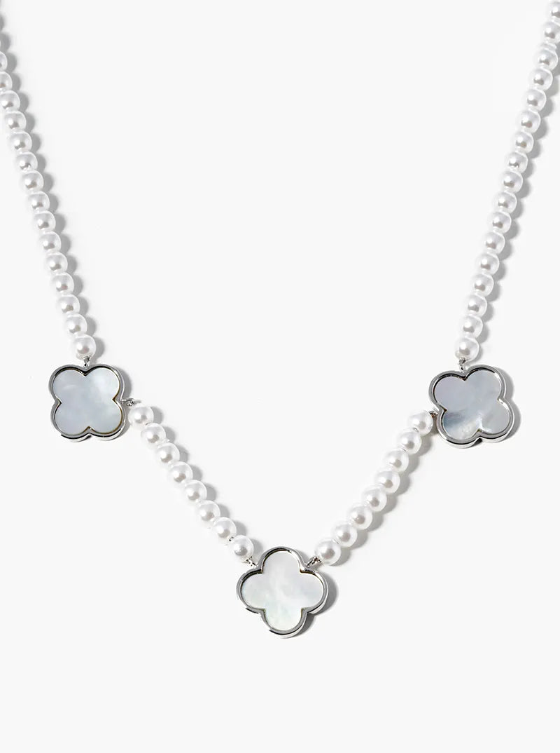 White Gold Dipped Three 10mm Mother Of Pearl Quatrefoil Pendant Necklace