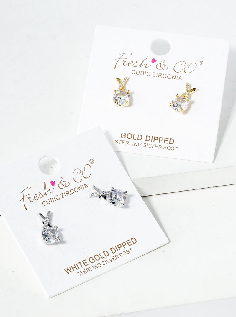 White Gold Dipped 4-prong CZ Drop X Shape Post Stud Earrings