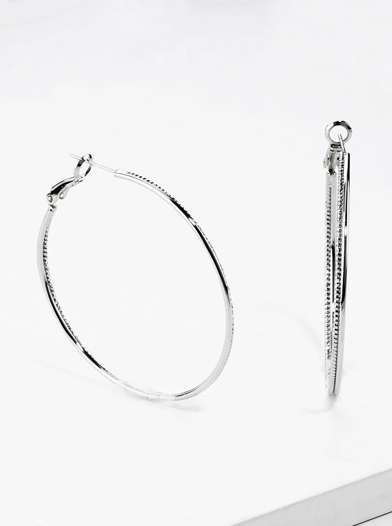 White Gold Dipped Textured Metal 50mm Leverback Hoop Earrings