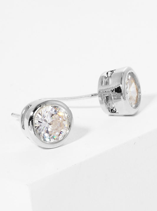 White Gold Dipped 6mm Round Bezel CZ Sterling Silver Post Stud Earrings
