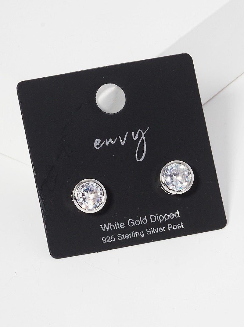 White Gold Dipped 6mm Round Bezel CZ Sterling Silver Post Stud Earrings