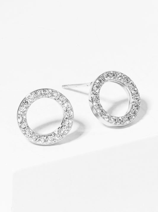 White Gold Dipped 8mm CZ Pave Round Sterling Silver Post Stud Earrings