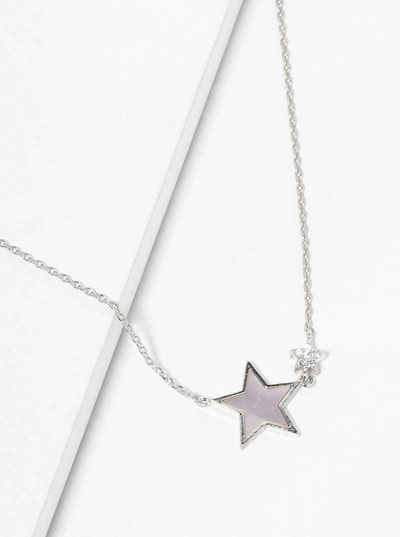 18k Gold Dipped CZ MOP Double Star Pendant Delicate Necklace