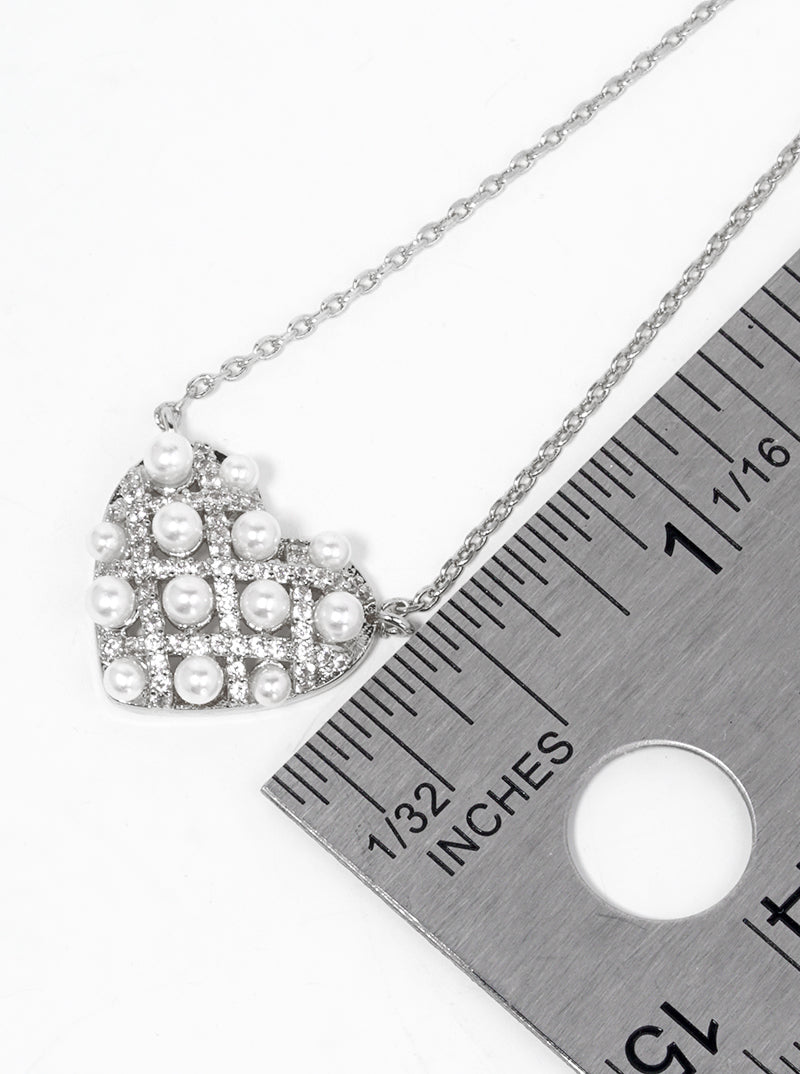 White Gold Dipped CZ And Glass Beaded Heart Pendant Necklace