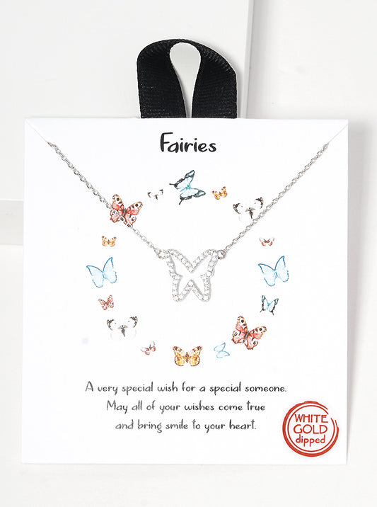 White Gold Dipped CZ Butterfly Pendant Necklace
