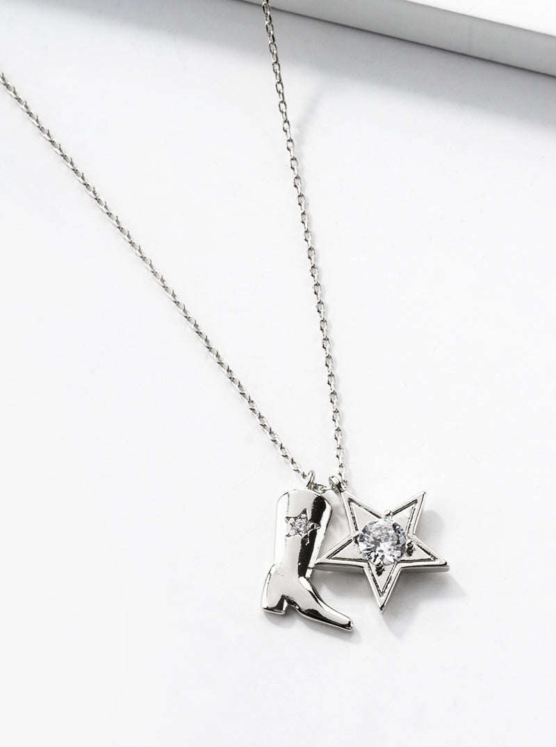 18k Gold Dipped CZ Cowgirl Boot And Star Pendant Necklace