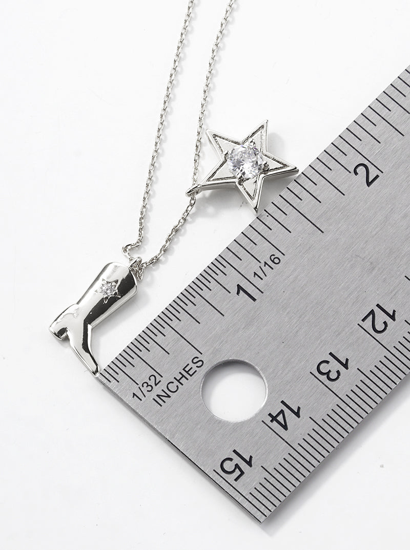 White Gold Dipped CZ Cowgirl Boot And Star Pendant Necklace