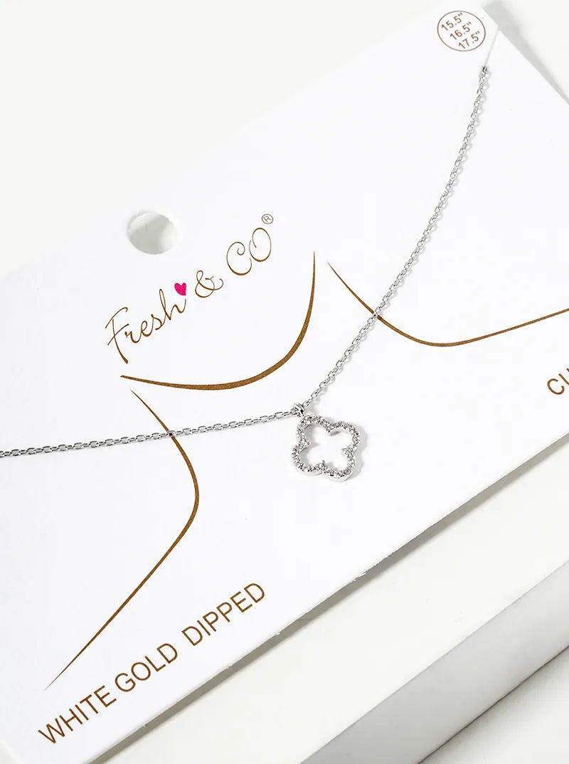 White Gold Dipped CZ Pave 10mm Quatrefoil Pendant Necklace