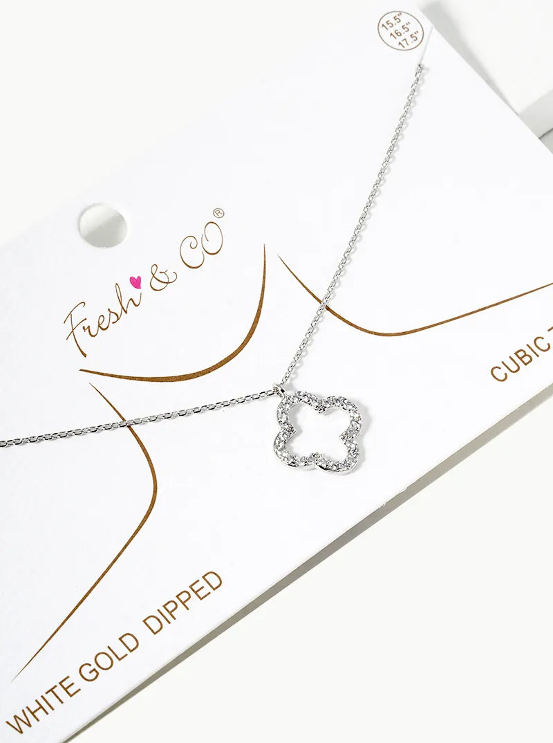 White Gold Dipped CZ Pave 15mm Quatrefoil Pendant Necklace