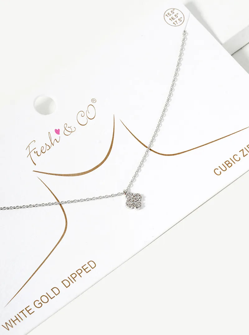 White Gold Dipped CZ Pave 6mm Quatrefoil Pendant Necklace