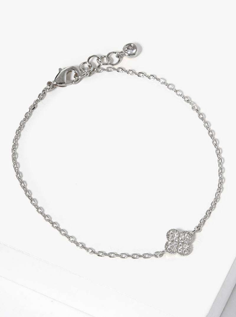 White Gold Dipped CZ Pave Quatrefoil Bracelet