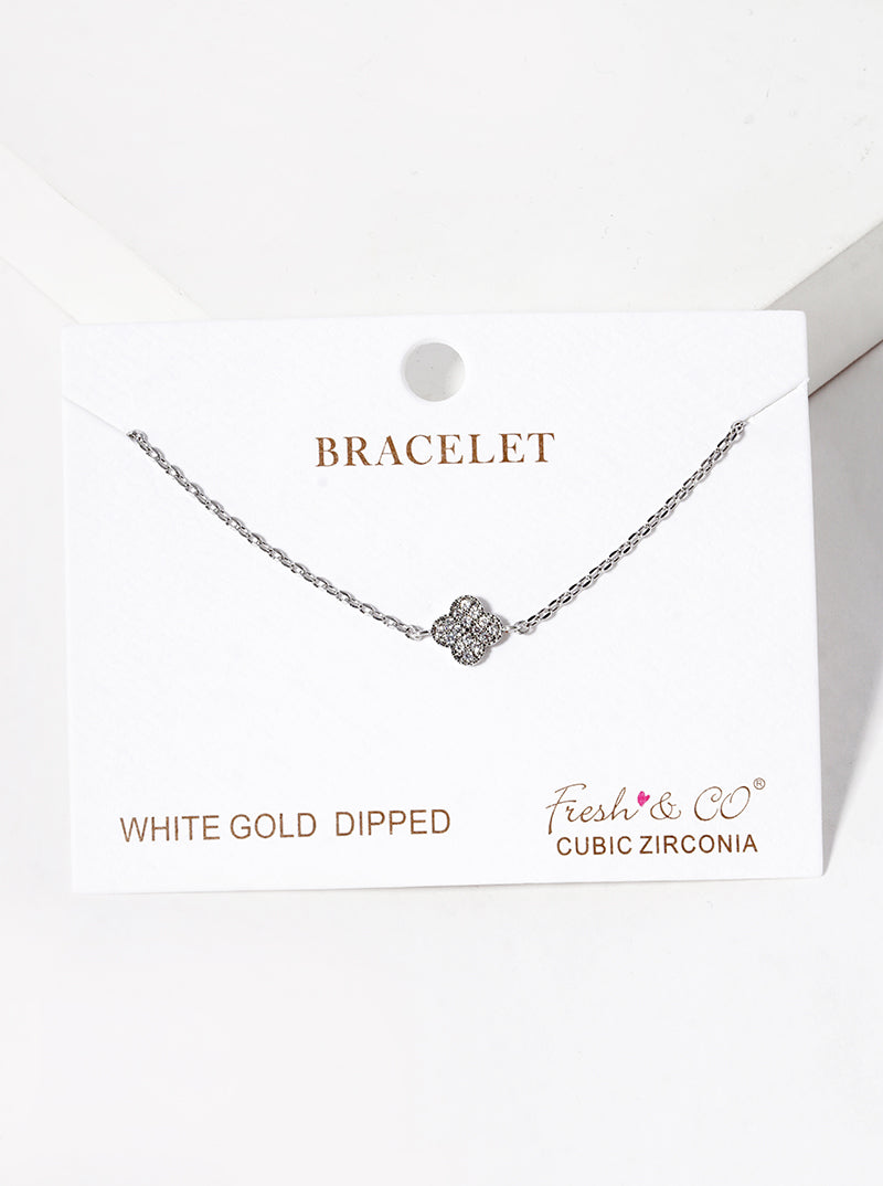 White Gold Dipped CZ Pave Quatrefoil Bracelet