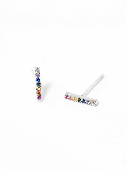 White Gold Dipped CZ Pave Bar Sterling Silver Post Stud Earrings