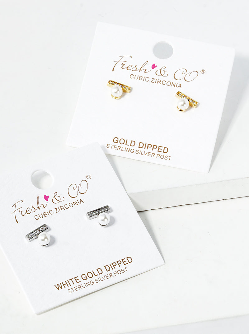 White Gold Dipped CZ Pave Bar With Pearl Post Stud Earrings