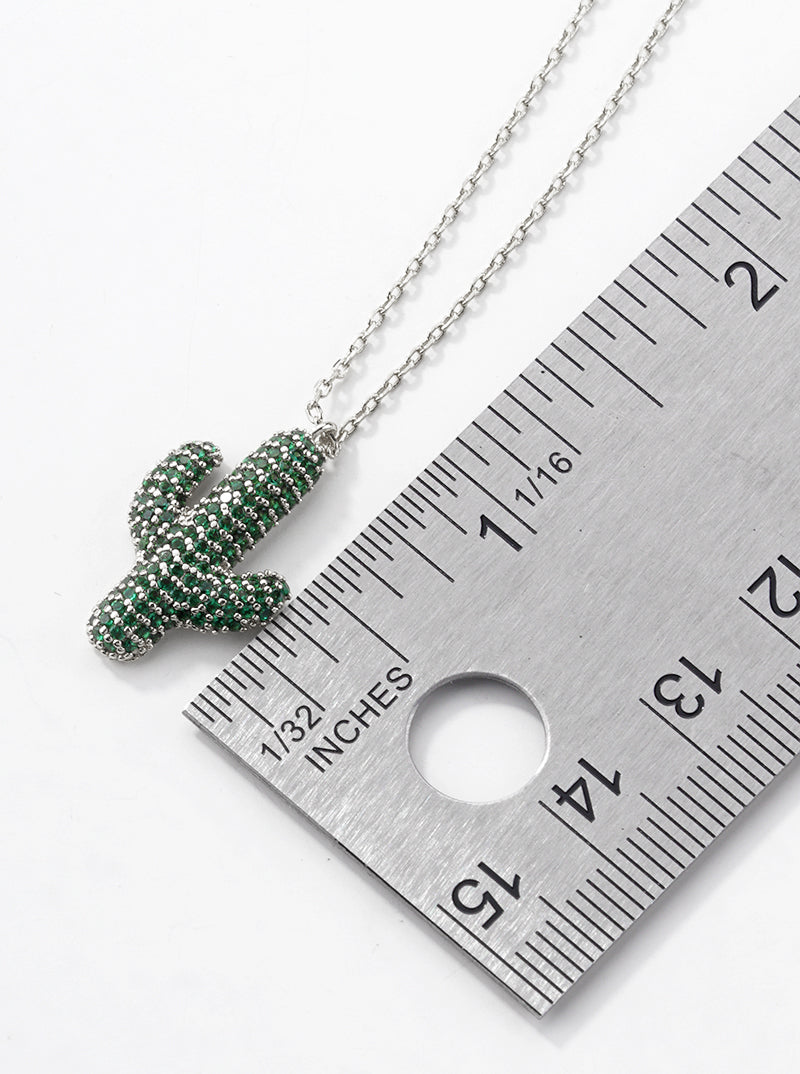 White Gold Dipped CZ Pave Cactus Pendant Necklace