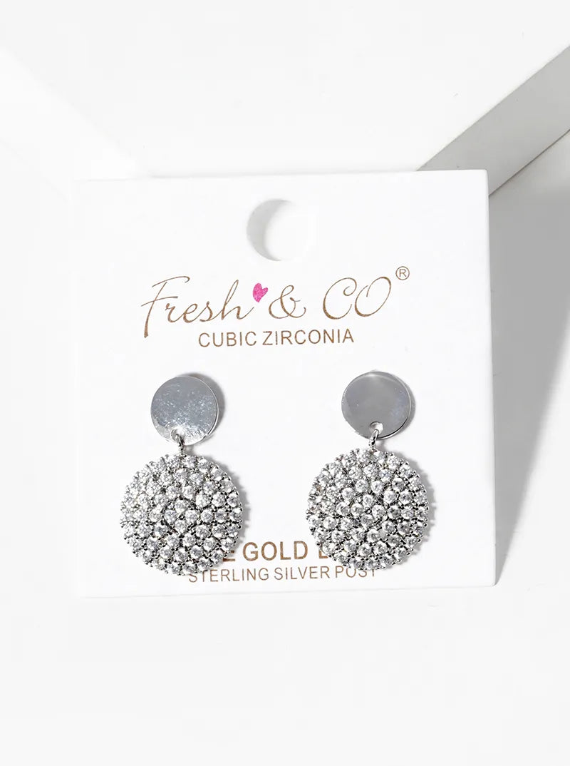 White Gold Dipped CZ Pave Circle Drop Dangle Post Earrings