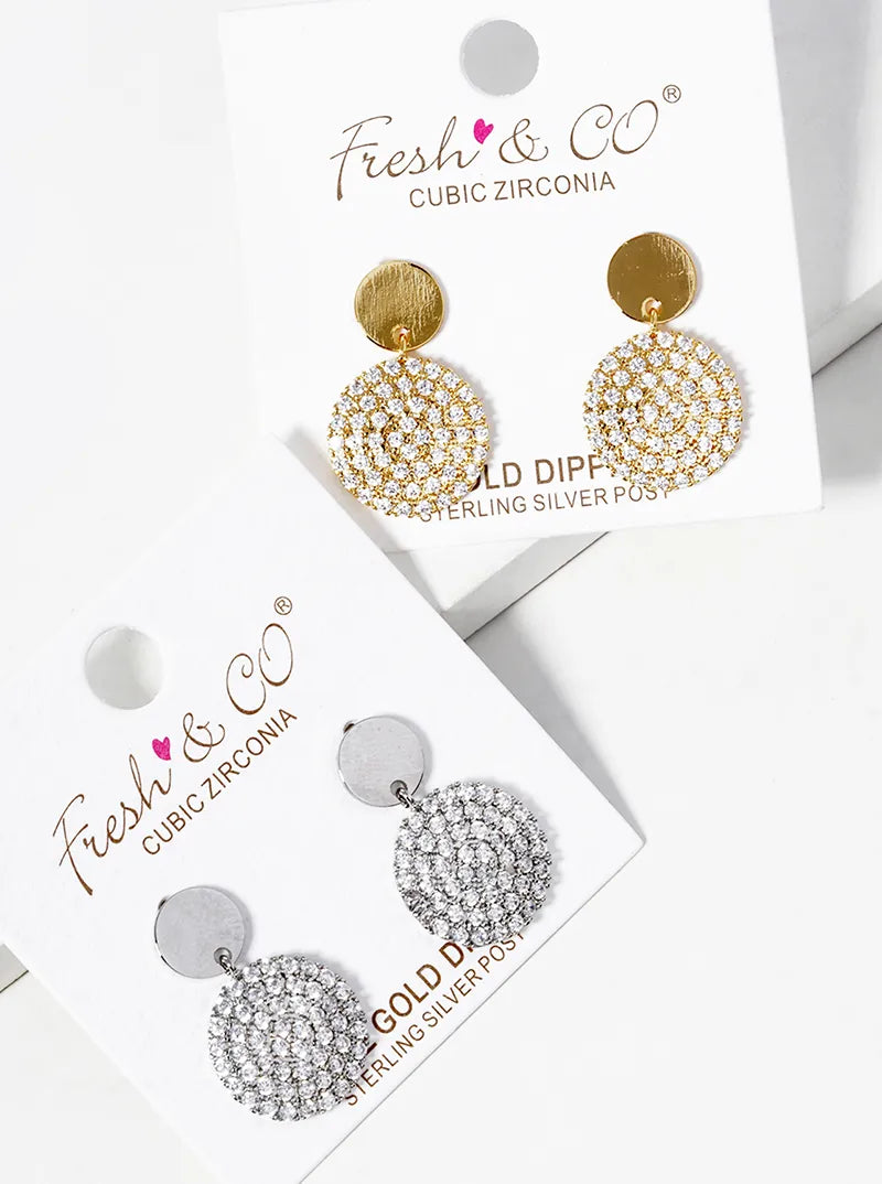 White Gold Dipped CZ Pave Circle Drop Dangle Post Earrings