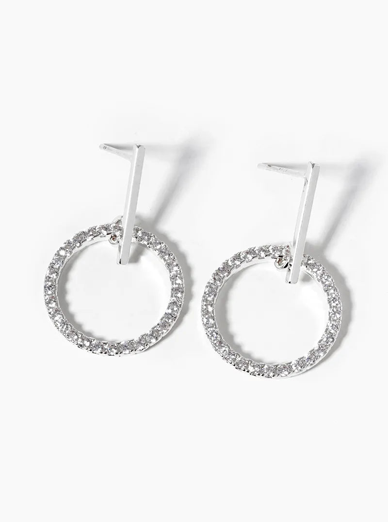 White Gold Dipped CZ Pave Circle Drop Delicate Dangle Post Earrings