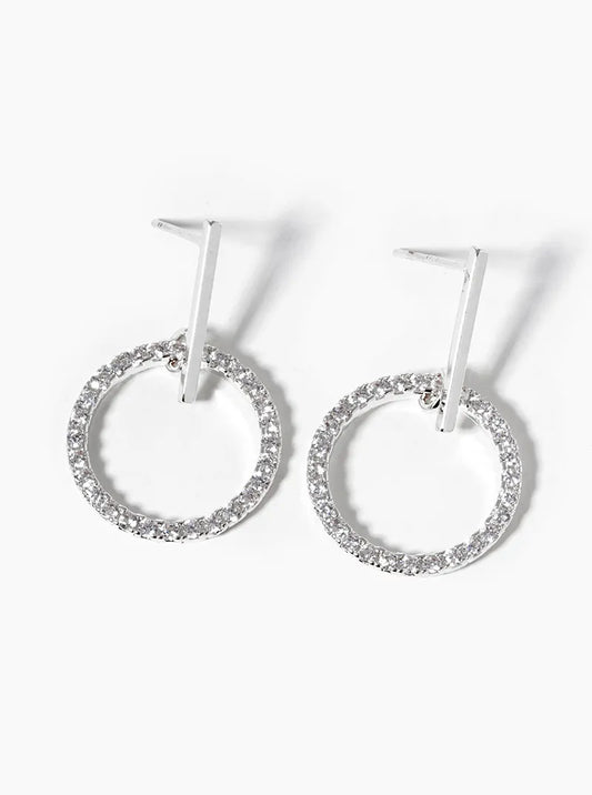 White Gold Dipped CZ Pave Circle Drop Delicate Dangle Post Earrings