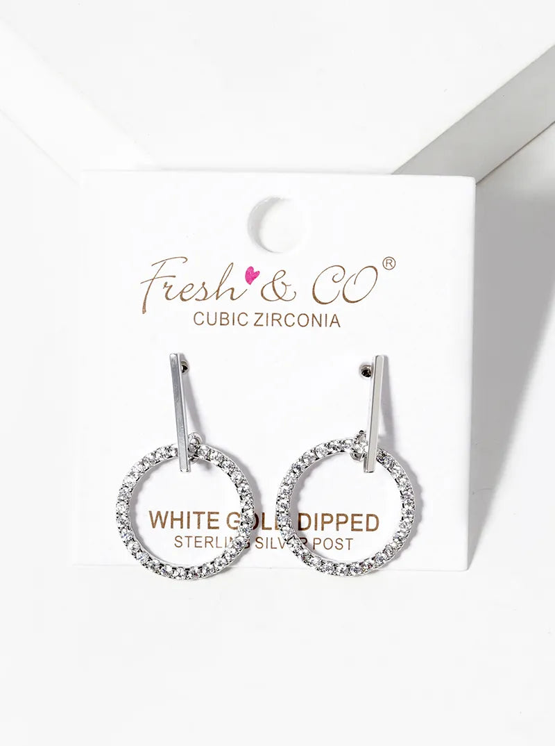 White Gold Dipped CZ Pave Circle Drop Delicate Dangle Post Earrings